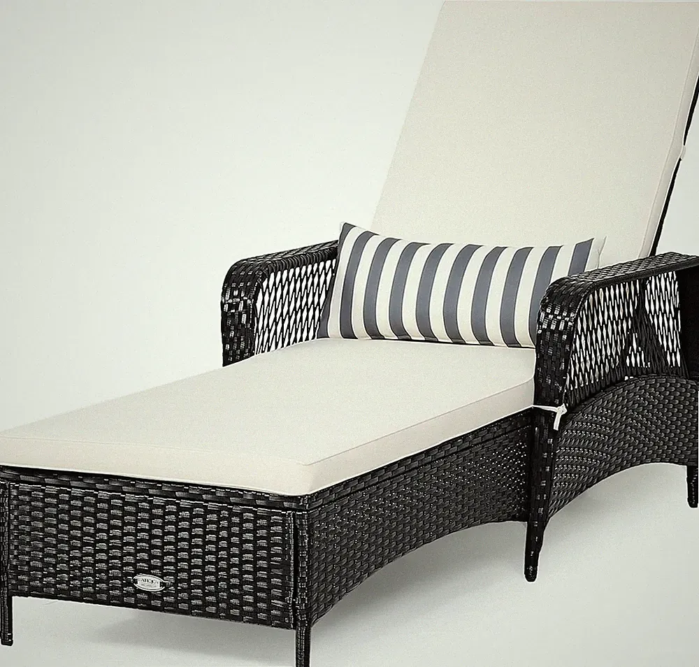 Adjustable Black PE Rattan Chaise Lounge Chair with Armrest & Pillow