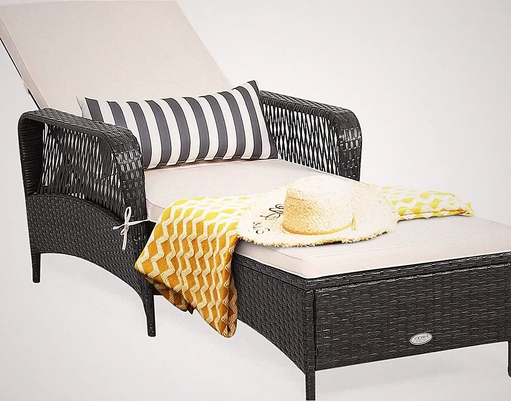 Adjustable Rattan Chaise Lounge with Thick Cushion for Outdoor Comfort