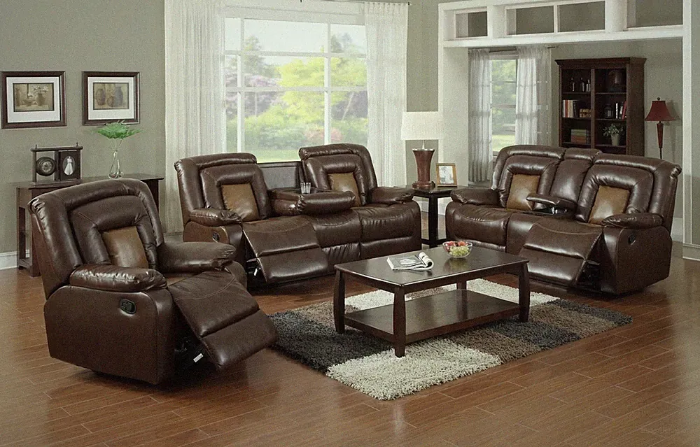 Bonded Leather Two-tone Brown Reclining sofa set w/central console & drop table