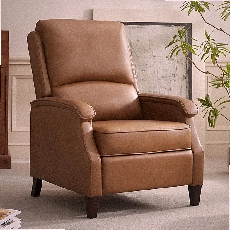 Caramel Brown Leather Manual Pushback Arm Chair Recliner Armchair Camel Chairs