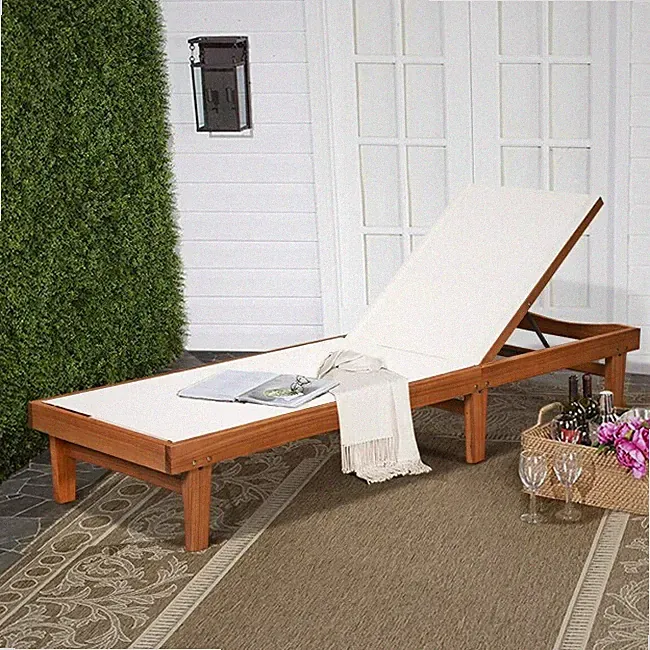 Patio Lounge Chair Chaise Solid Wood Back Adjustable Recliner Deck Furniture NEW