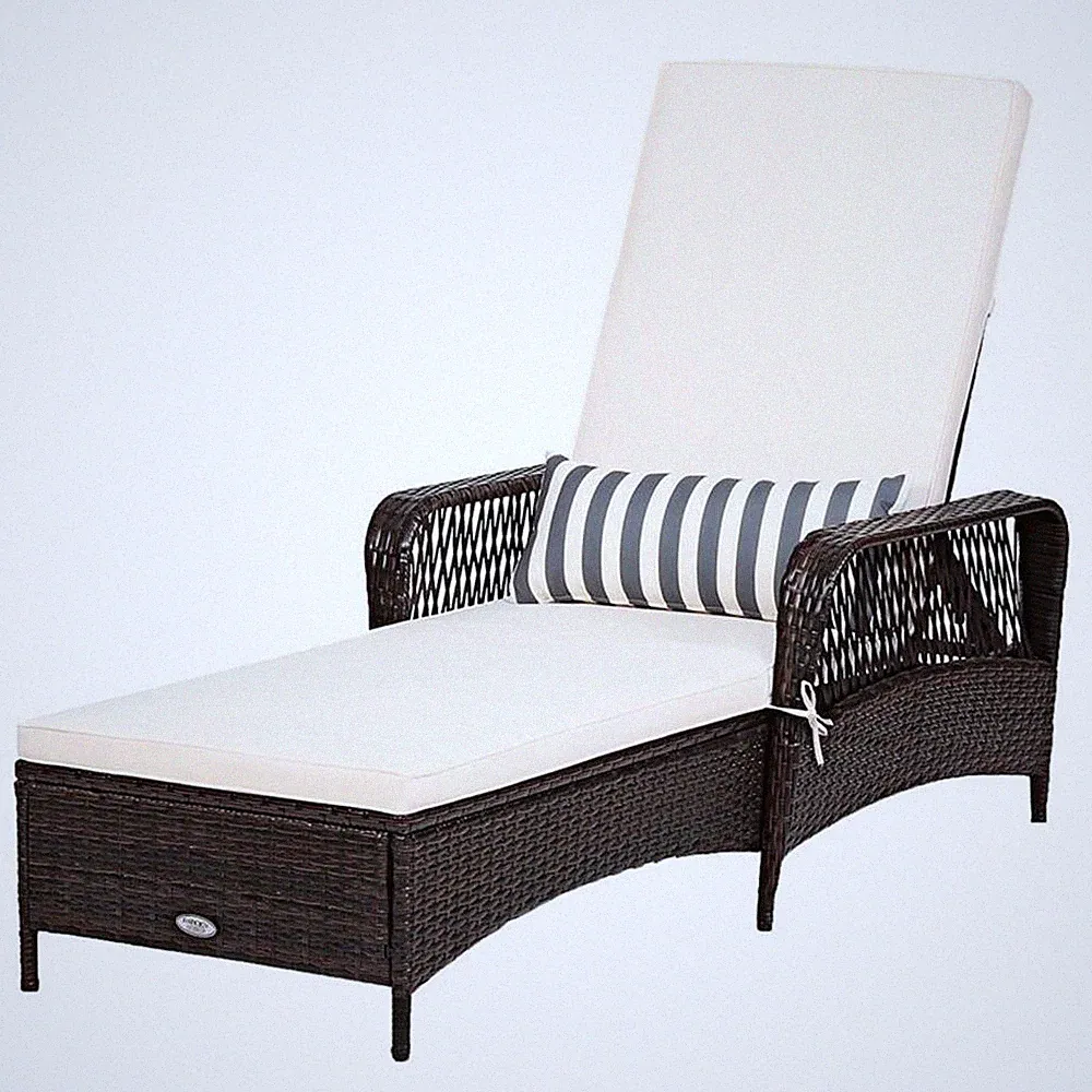 Pemberly Row PE Rattan Chaise Lounge Armrest Recliner in Off White Brown