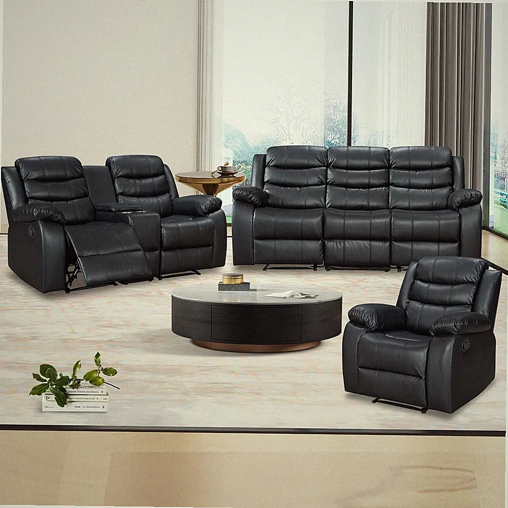 Reclining Sofa Faux Leather 3pcs Set w/ Cup Holders & Storage Console